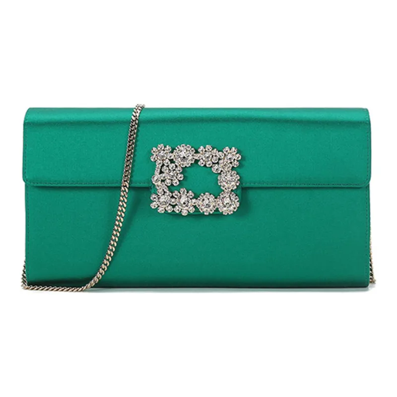 Roger Vivier Flower Strass Silk Satin Envelope Bag Shoulder Bags Women's Green Gold-0