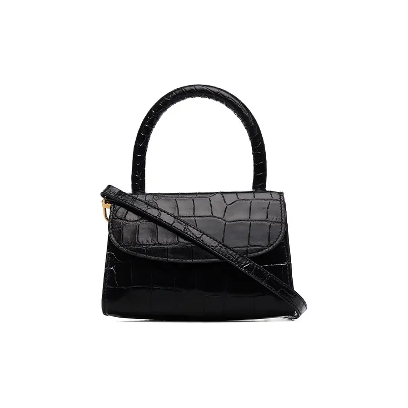 By Far Croco Genuine Leather Small Square Bag, Handbag, Shoulder Bag, Crossbody Bag Mini Women's Black-0