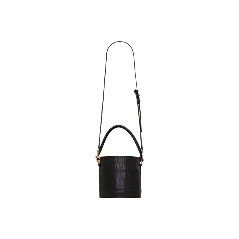 SAINT LAURENT Crocodile Pattern Patent Leather Bucket Bag Handbag Crossbody Bag Shoulder Bag Small Size Women's Black-5