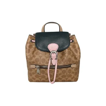 COACH Evie Canvas With Leather Backpack Women's Khaki Brown With Pink Accents
