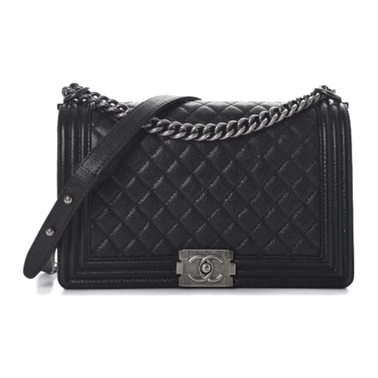 CHANEL Leboy Grain Embossed Calfskin Shoulder Bag, Crossbody Bag Tubas Unisex Black-0