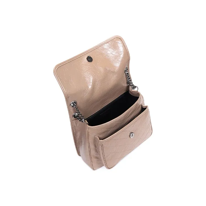 SAINT LAURENT Niki Leather Hobo Bag Chain Crossbody Bag Shoulder Bag Medium Size Women's Milk Tea Beige-2