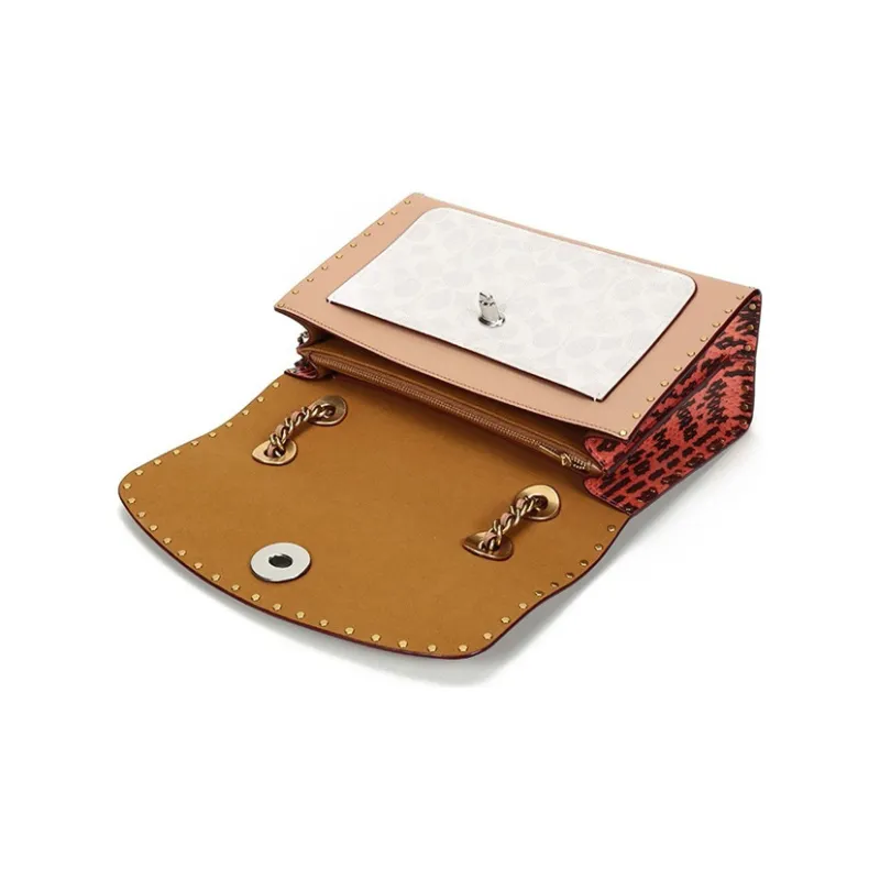 COACH Parker Canvas Chain Bag Crossbody Bag Shoulder Bag Medium Size Women's Brown Red Monogram Color Scheme-5