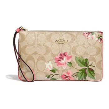 COACH Wristlet Canvas Leather Coin Purse Card Holder Clutch Women's Khaki