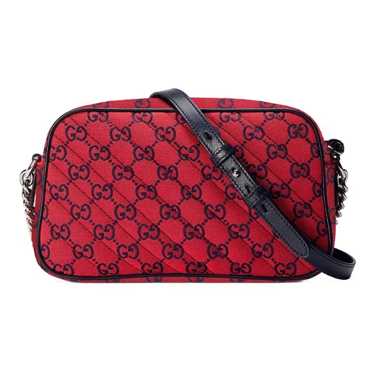 GUCCI GG Marmont Patchwork Canvas Camera Bag Canvas Bag Shoulder Bag Crossbody Bag Small Size Women's Red & Dark Blue-3