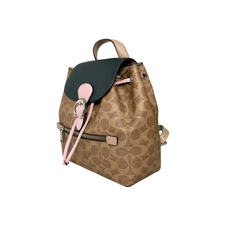 COACH Evie Canvas With Leather Backpack Women's Khaki Brown With Pink Accents-1