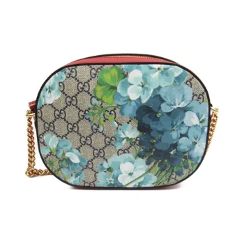GUCCI GG Blooms Canvas With Leather Camera Bag Shoulder Bag Crossbody Bag Mini Women's Beige & Blue With Red Accents
