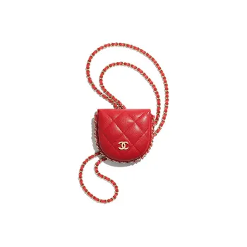 CHANEL Caviar Calfskin Chain Necklace Coin Purse Earphone Case Women's Red