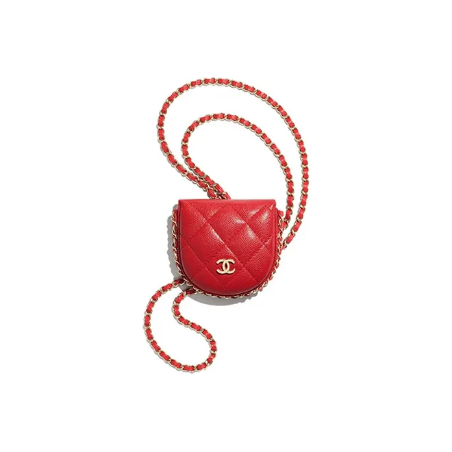 CHANEL Caviar Calfskin Chain Necklace Coin Purse Earphone Case Women's Red-0