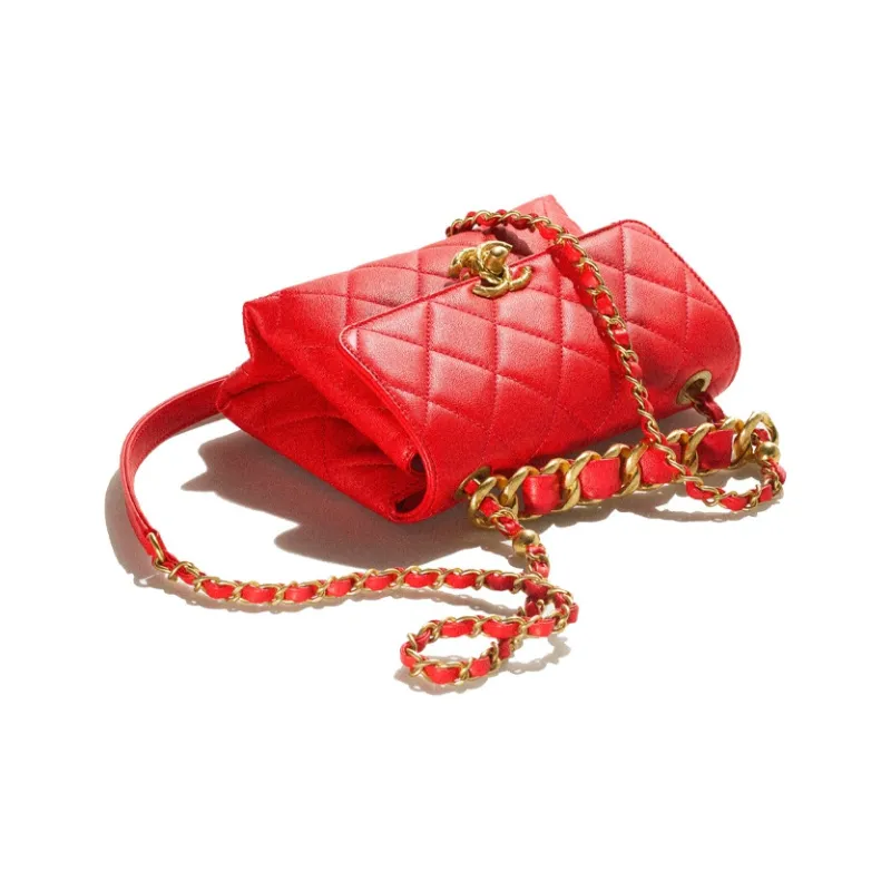 CHANEL 22SS Calfskin Flap Bag One Shoulder Handbag Crossbody Bag Mini Women's Red-3