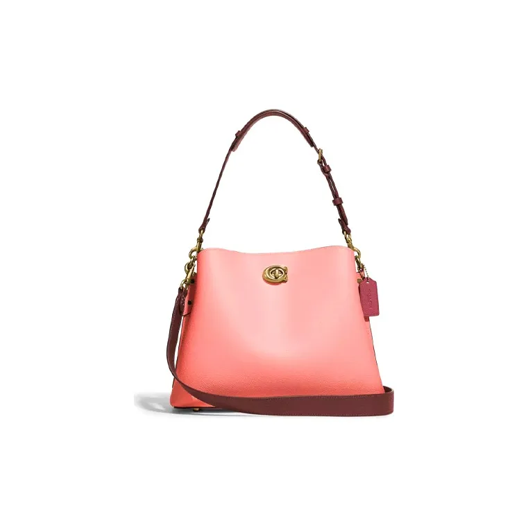 COACH Willow Grain Leather Handbag, Tote Bag, Shopping Bag, Shoulder Bag Tubas Women's Brass/Candy Pink-0