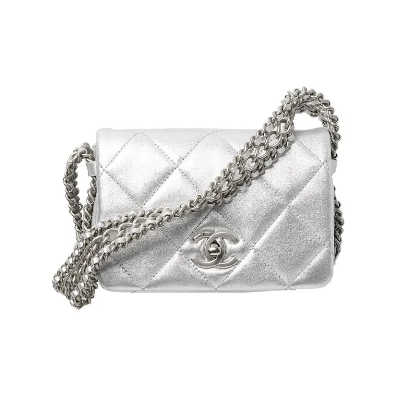 CHANEL Lambskin Flap Bag Shoulder Bag Mini Women's Silver-0