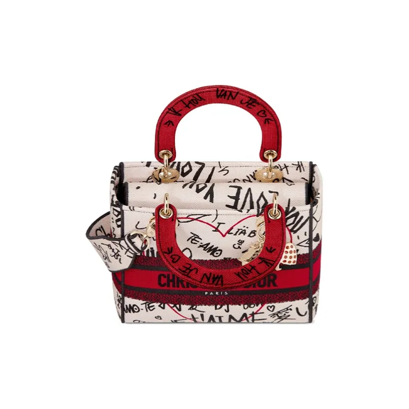 DIOR Lady Dior Embroidery Dior Bag Shoulder Bag Crossbody Bag Handbag Medium Size Women's White/Red-3