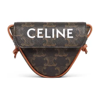 CELINE Cow Leather Canvas Handbag Coin Purses Mini Unisex Tawny