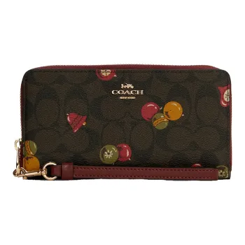 COACH Zip Around Canvas With Leather Wallet Women's Dark Brown & Bright Pink