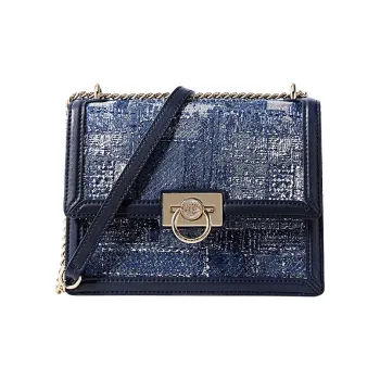 FION Fabric Small Square Bag Shoulder Bag Women's Blue/Dark Blue
