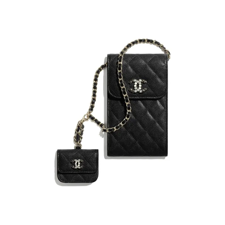 CHANEL Grain Embossed Caviar Calfskin And Metal Combo Bag, Shoulder Bag, Crossbody Bag, Cell Phone Pouch Women's Black-0
