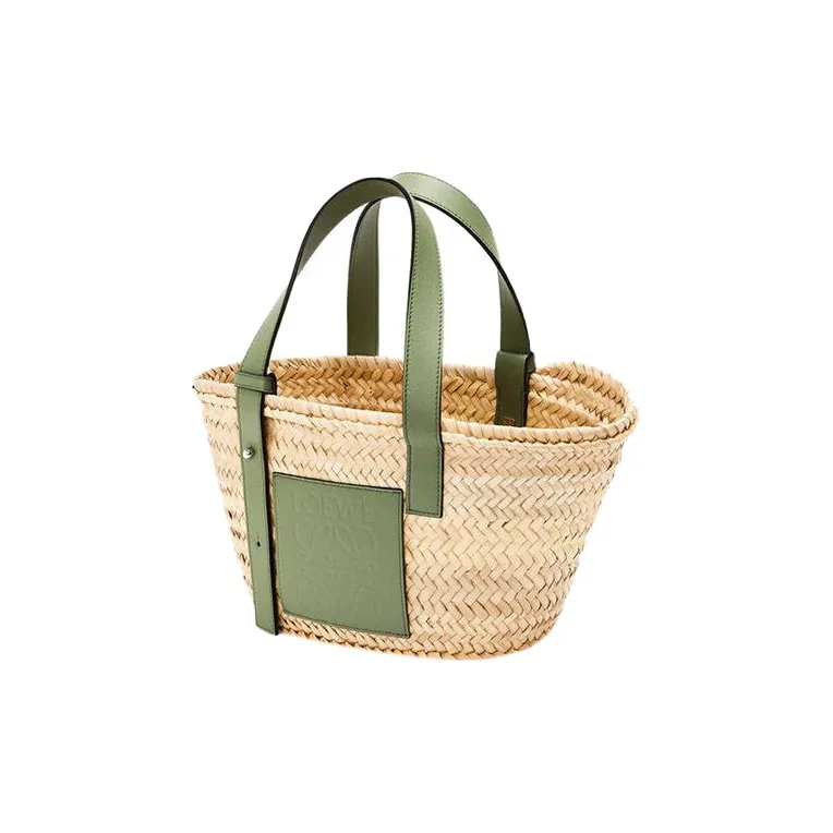 LOEWE Basket Palm Fiber Cow Leather Basket Bag Tote Bag Shopping Bag Handbag Small Size Women's Green-1