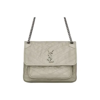 SAINT LAURENT Niki Leather Hobo Bag, Chain Bag, Crossbody Bag, Shoulder Bag Medium Size Women's White