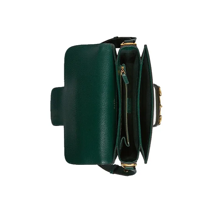 GUCCI Horsebit 1955 Jacquard With Leather Saddle Bag, Shoulder Bag, Crossbody Bag Trumpets Unisex Beige/Green-6