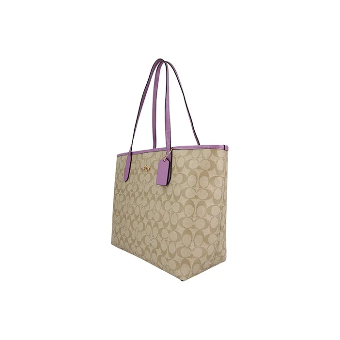 COACH City Canvas With Leather Tote Bag Shopping Bag Shoulder Bags Large Size Women's Light Khaki With Purple-2