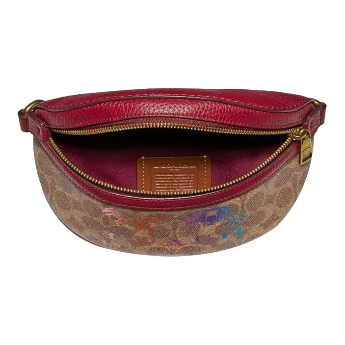 COACH Canvas With Leather Sling Bag Backpack Trumpets Women's Khaki & Rose Red-2