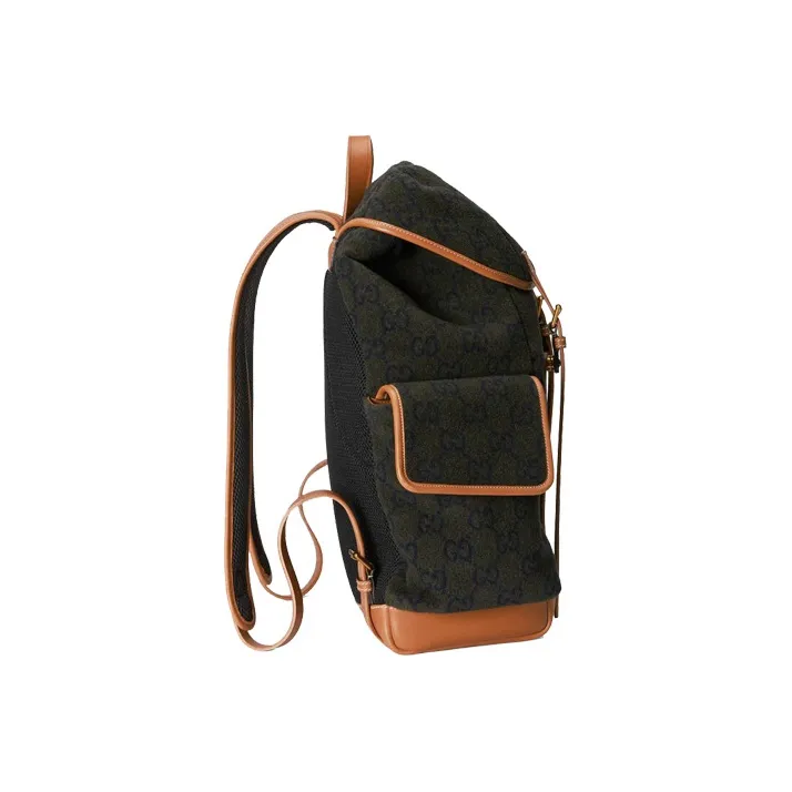 GUCCI Wool Patchwork Leather Backpack Unisex Dark Green/Brown-1