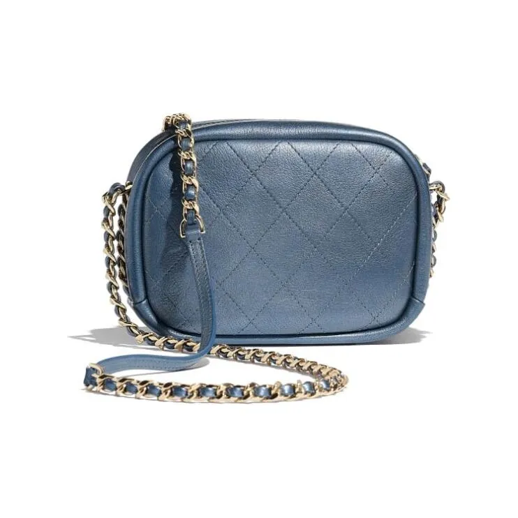 CHANEL Metal Texture Sheepskin With Bright Gold Metal Camera Bag, Shoulder Bag, Crossbody Bag Women's Blue-1