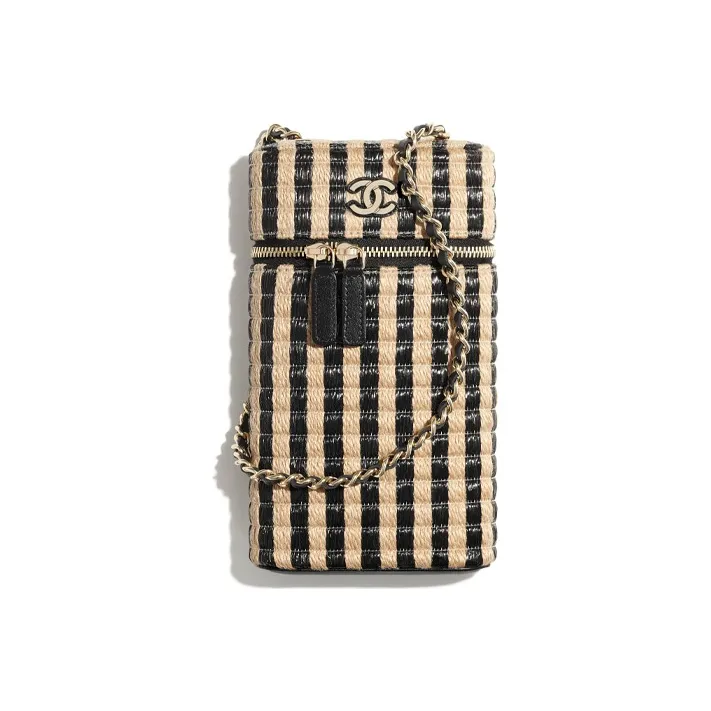 CHANEL Fiber & Yellow Jute Thread & Metal Chain Cell Phone Pouch Women's Black/Beige-0