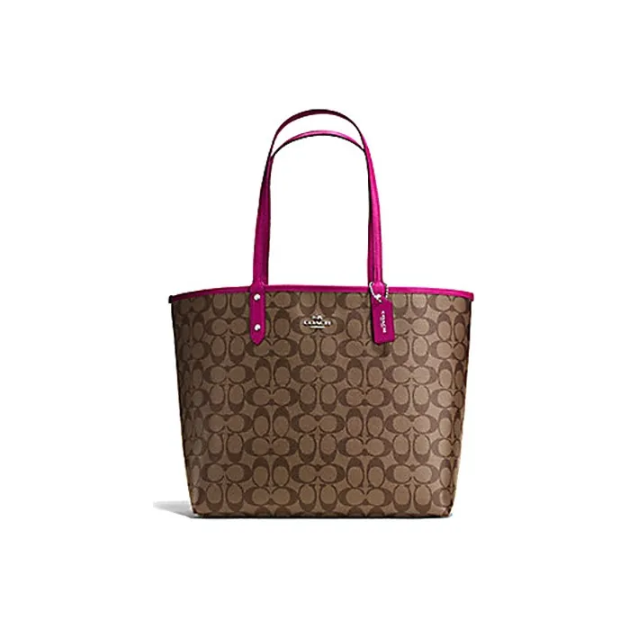 COACH City Canvas With Leather Tote Combo Bag One Shoulder Handbag Large Size Women's Khaki With Rose Purple-1
