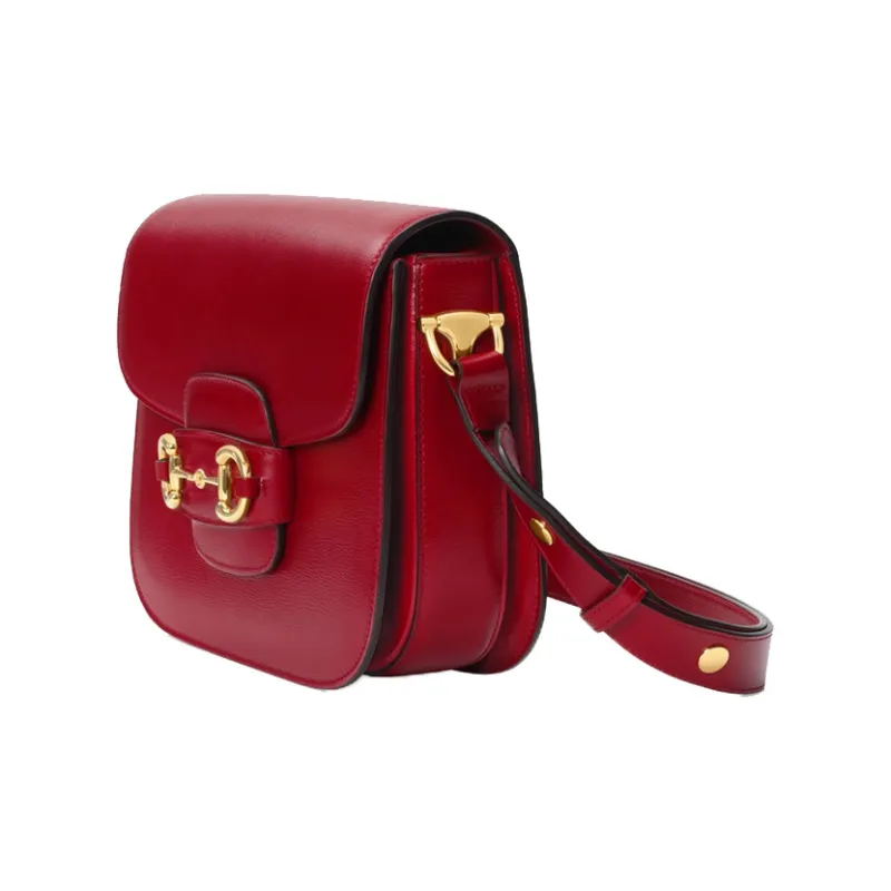 GUCCI Horsebit 1955 Leather Saddle Bag, Shoulder Bag, Crossbody Bag Trumpets Women's Red-1