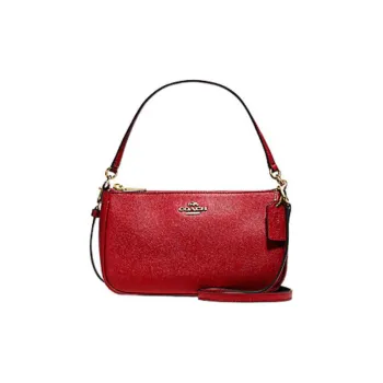 COACH Top Handle Cross Stitch Leather Portable Crossbody Bag Shoulder Bag Small Size Women's Light Gold & True Red