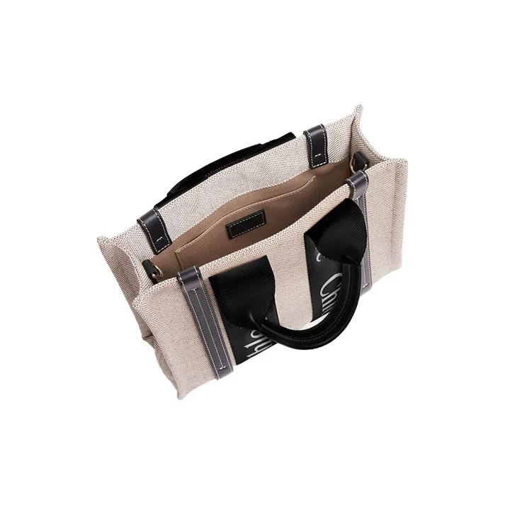 Chloe Woody Calfskin Tote Bag Shopping Bag Shoulder Bag Crossbody Bag Handbag Small Size Women's Black & Beige-3