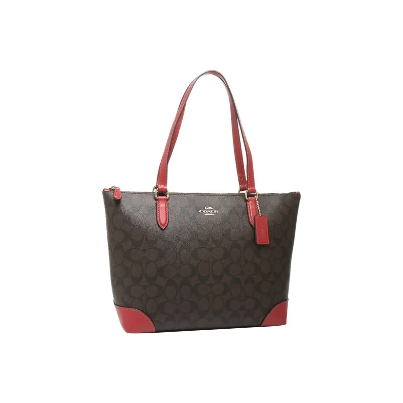COACH Zip Top Tote Canvas With Leather Tote Bag Shopping Bag Crossbody Bag Shoulder Bag Medium Size Women's Red & Brown-2