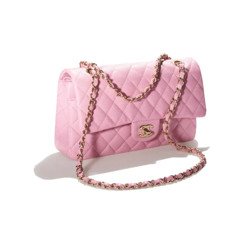 CHANEL 22SS Spring And Summer Classic Flap CF Grain Embossed Shiny Calfskin Shoulder Bag, Crossbody Bag Women's Pink-1
