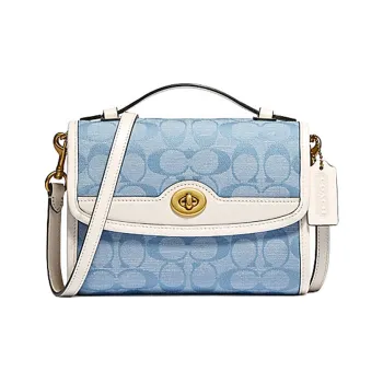 COACH Kip Fabric With Cow Leather Messenger Bag, Handbag, Shoulder Bag, Crossbody Bag Small Size Women's Blue Monogram