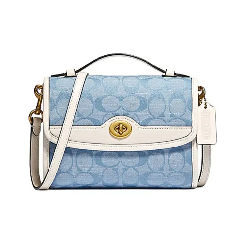 COACH Kip Fabric With Cow Leather Messenger Bag, Handbag, Shoulder Bag, Crossbody Bag Small Size Women's Blue Monogram