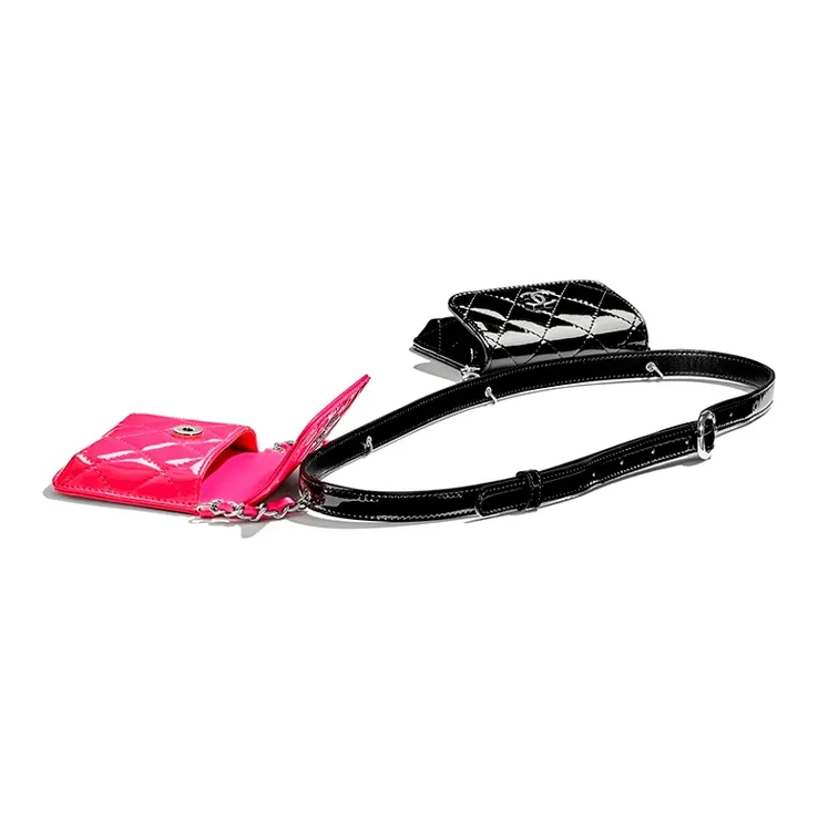CHANEL Patent Leather, Cow Leather Double Bags, Flap Bags, Crossbody Bags, Fanny Packs Women's Black/Pink-3
