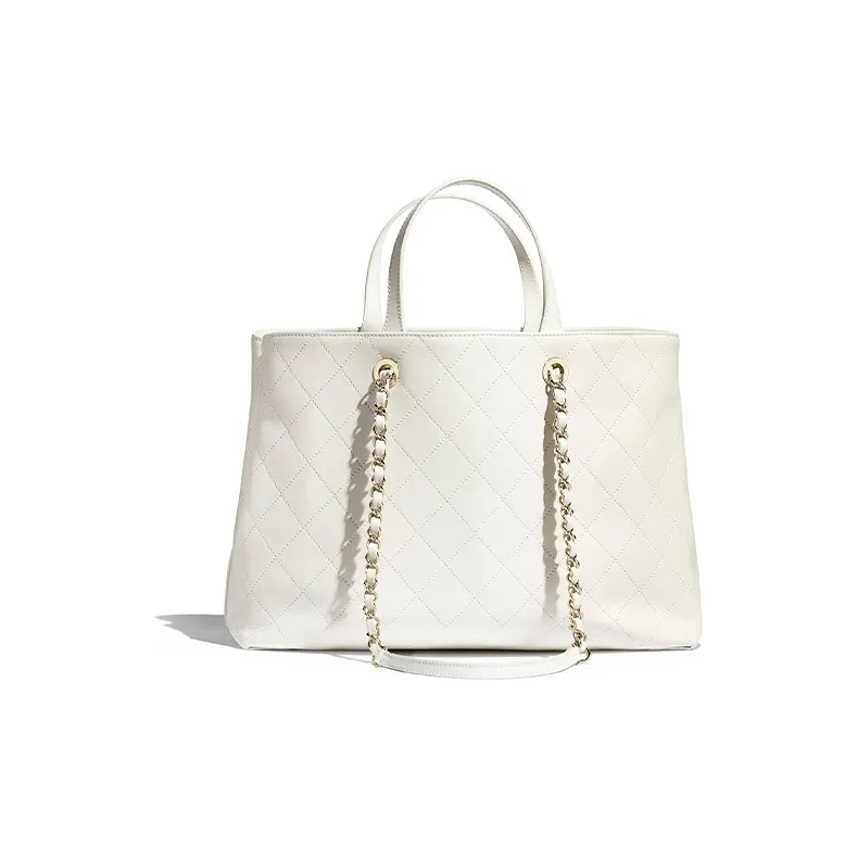 CHANEL Calfskin+Gold Metal Tote Bag, Shopping Bag, Shoulder Bag Women's White-2