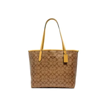 COACH City Canvas, Leather Handbag, Shoulder Bag Tubas Women's Brown & Yellow