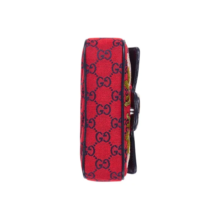 GUCCI Marmont Multicolor Leather Trim, Embroidered Canvas Chain Shoulder Bag, Crossbody Bag Mini Women's Red/Dark Blue-5