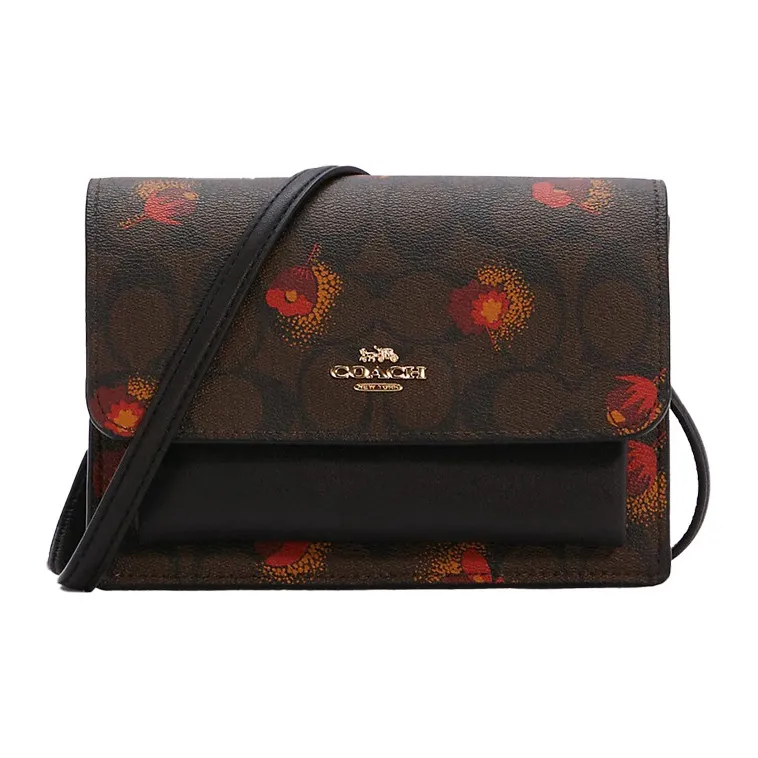 COACH Foldover Canvas Leather Small Square Bag Fanny Pack Shoulder Bag Crossbody Bag Small Size Women's Brown Black-0