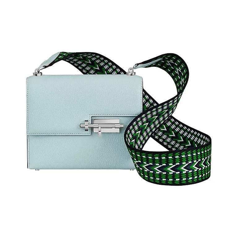 HERMES Verrou Mysore Goat Skin With Canvas Handgun Bag Shoulder Bag Crossbody Bag Mini Women's Misty Blue/Bamboo Green-0