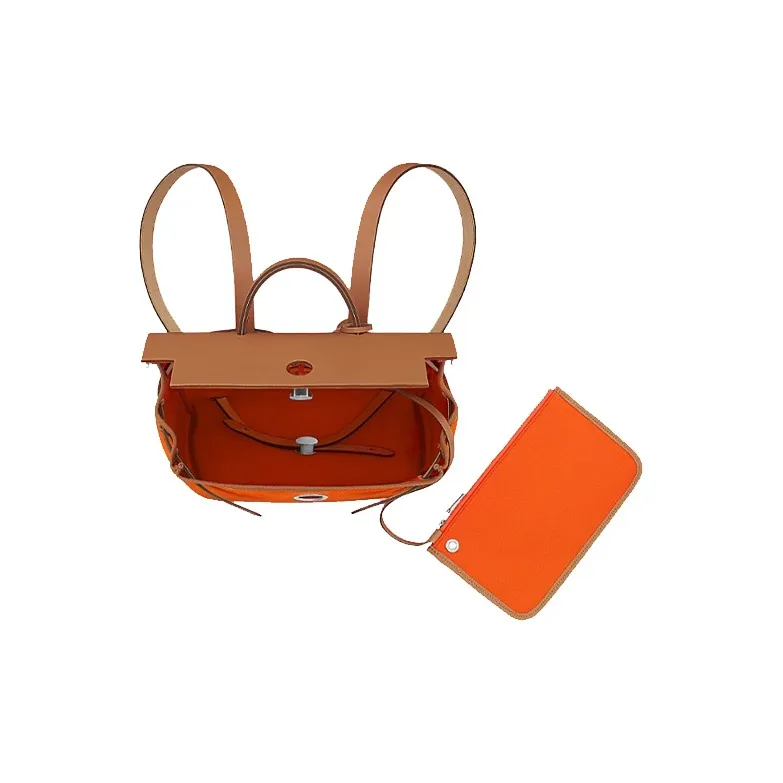 HERMES Herbag Zip Canvas With Hunter Cow Leather Handbag Backpack Unisex Orange Red-3