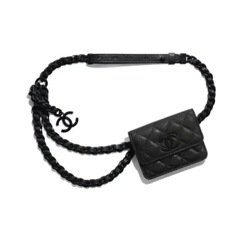 CHANEL Grain Calfskin And Metal Paint Business Card Holder Waist Chain Fanny Pack Women's Black