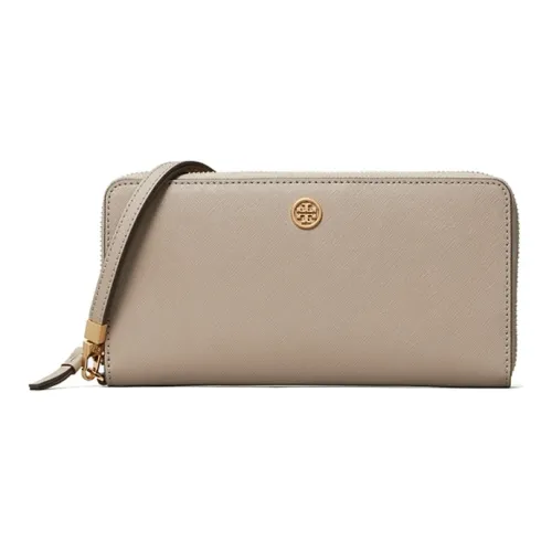 TORY BURCH Robinson Leather Card Holder Passport Wallet Women's Gray Brown
