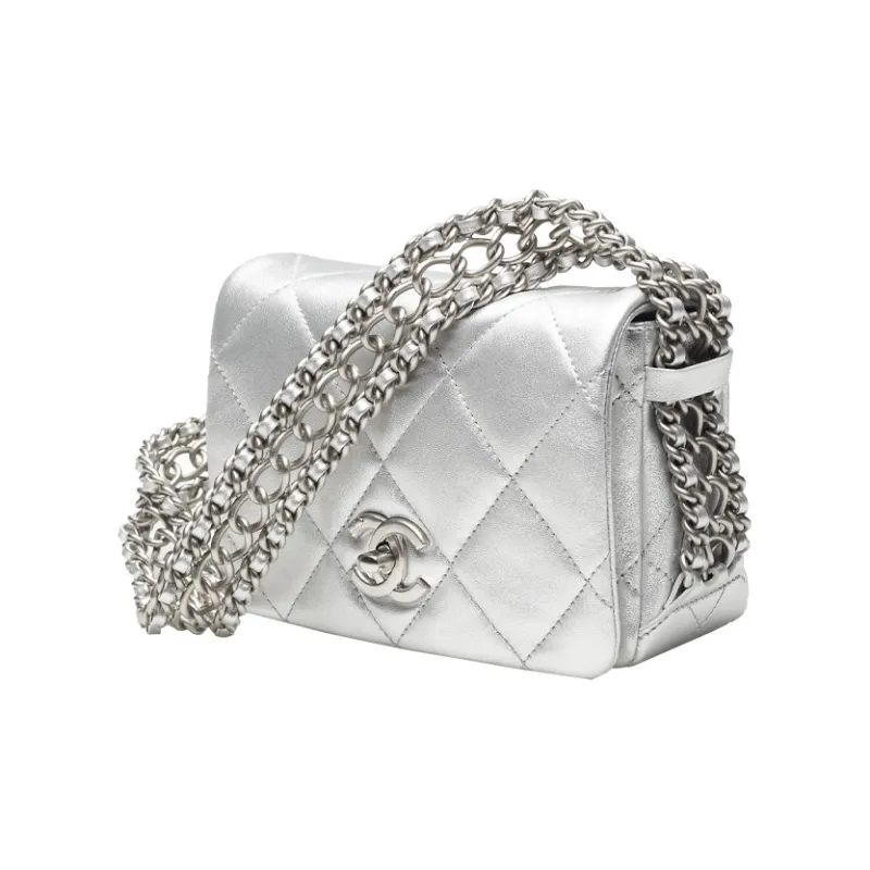 CHANEL Lambskin Flap Bag Shoulder Bag Mini Women's Silver-1