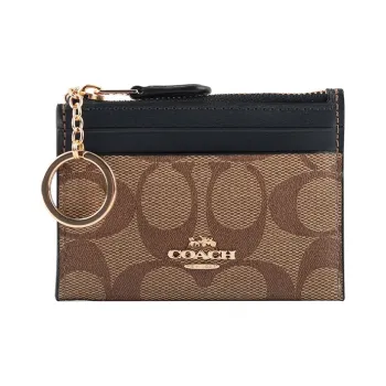 COACH Mini Id Skinny Leather Pvc Key Pouches Card Holders Mini Unisex Midnight Blue With Brown