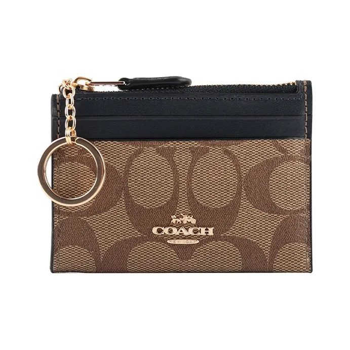COACH Mini Id Skinny Leather Pvc Key Pouches Card Holders Mini Unisex Midnight Blue With Brown-0