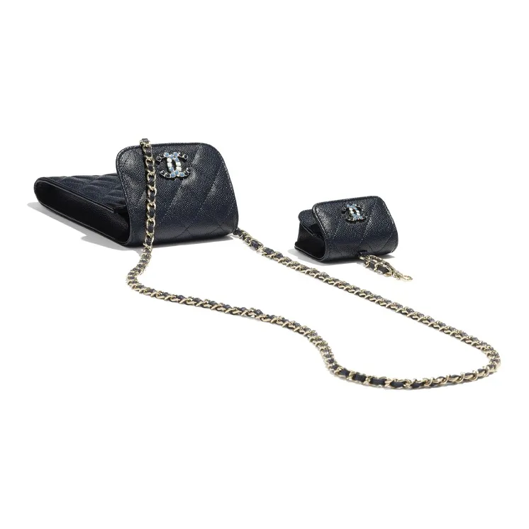 CHANEL Embossed Calfskin And Metal AIRPODS Headphone Case With Cell Phone Pouch Women's Dark Blue-3